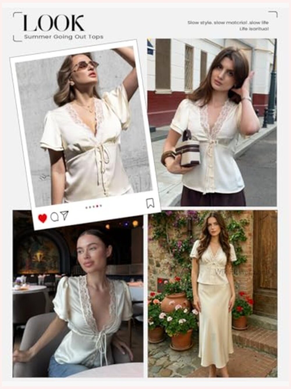 Satin V-Neck Lace Trim Blouse Tie Front Button Down Tops - Picture 2 of 6
